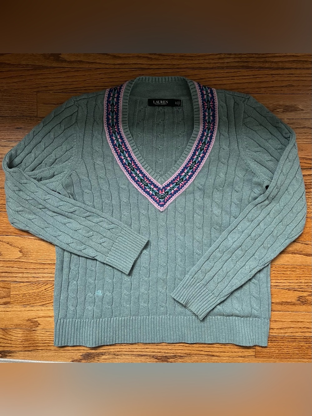 Lauren Ralph Lauren Cable Knit Sweater Floral V-Neck Trim Sz. XL Green Preppy